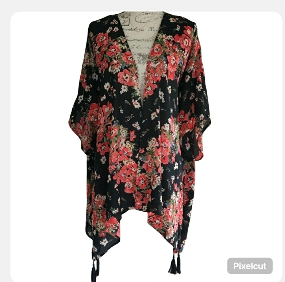 Maurices Black Floral Kimono with Coral Rose Print